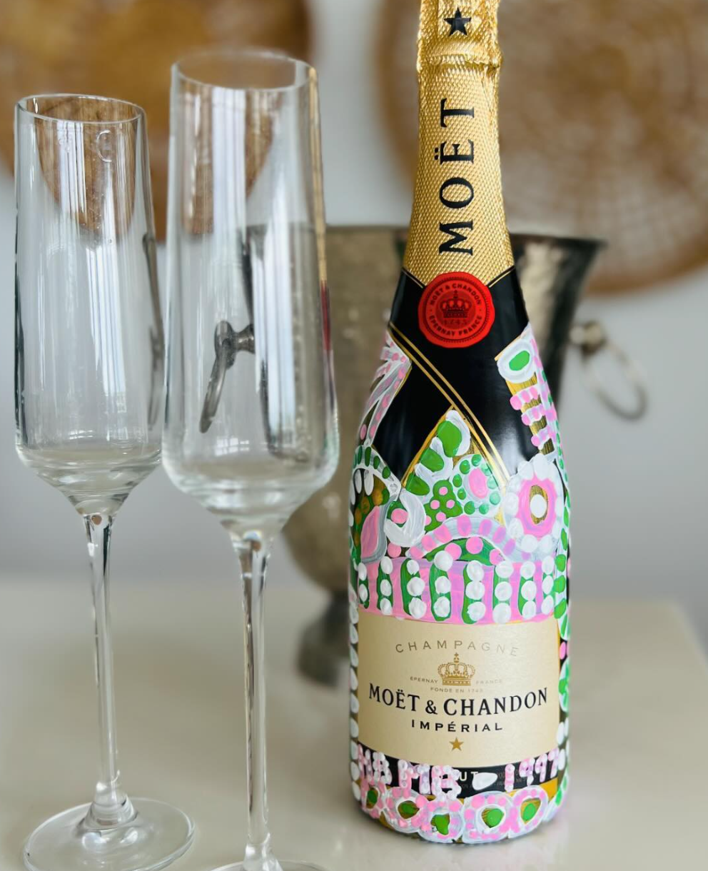 Hand painted champagne bottle by Carolyn Burchill